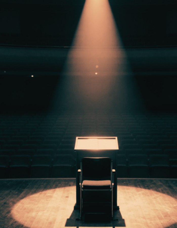 A spotlight illuminating an empty lectern in a vast auditorium - the space waiting for someone to step into it