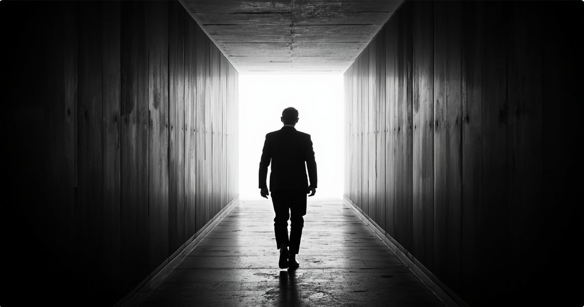 A suited figure walks purposefully toward the light at the end of a dark corridor