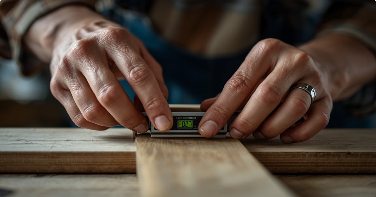 Hands checking a digital level on a piece of timber - testing whether something is true before committing to it