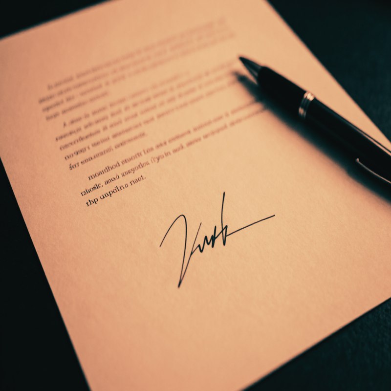 A hand-signed document close crop, pen resting beside the page - a commitment made and kept