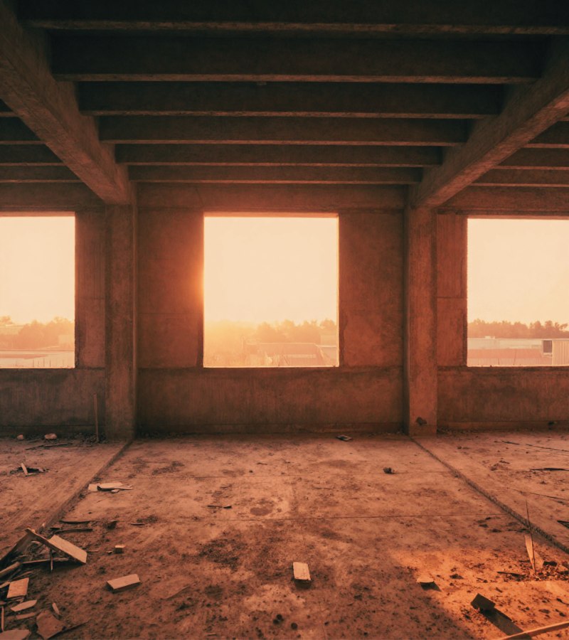 A partially constructed building with raw concrete and exposed beams - beautiful bones, visibly incomplete