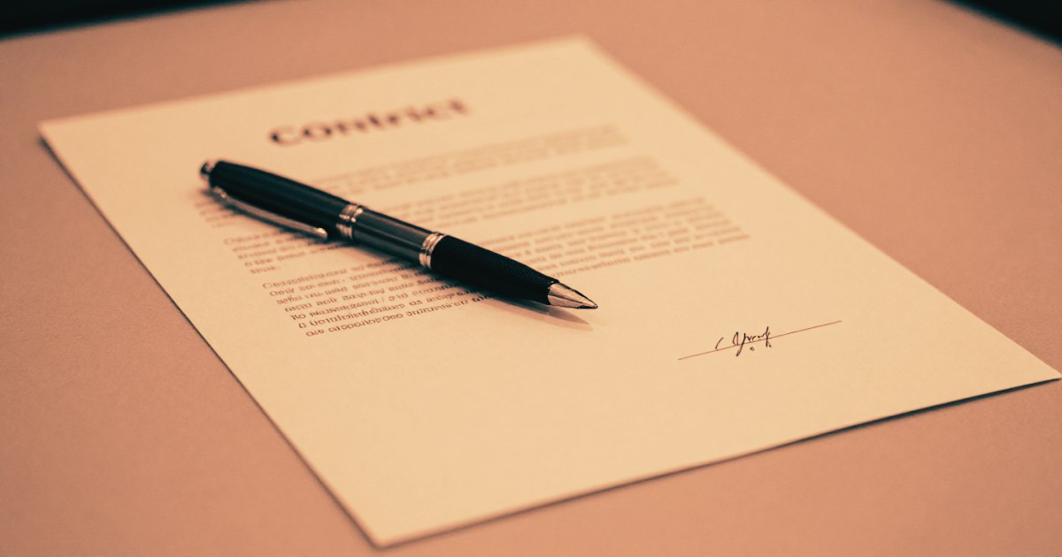 A single contract document on a bare desk, pen resting on top, unsigned
